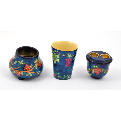 Compact Hand Painted Shabbat Candlesticks and Havdalah Set, Pomegranates - Yair Emanuel