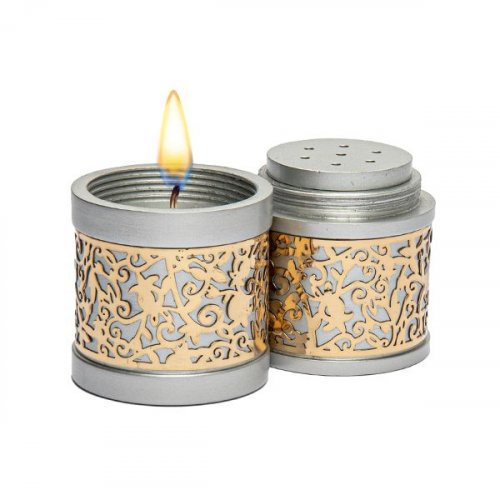 Compact Havdalah Candle and Spice Holder with Cutout Design, Silver - Yair Emanuel