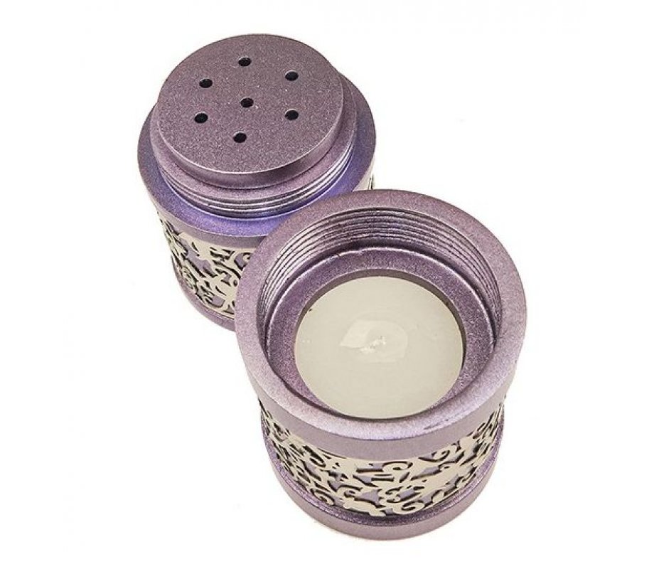 Compact Havdalah Spice Box and Candle Holder with Cutout Design, Purple - Yair Emanuel