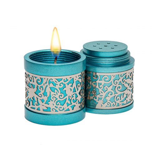 Compact Havdalah Spice Box and Candle Holder with Cutouts, Turquoise - Yair Emanuel