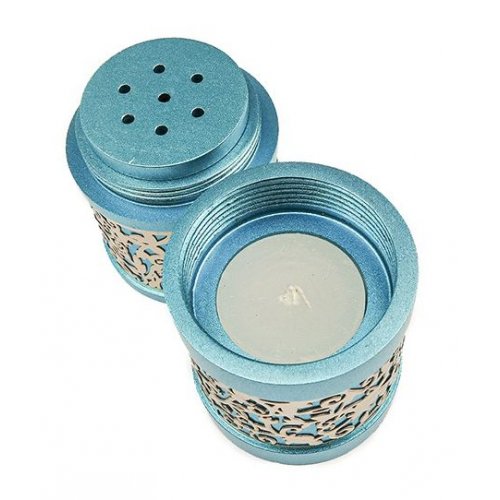 Compact Havdalah Spice Box and Candle Holder with Cutouts, Turquoise - Yair Emanuel