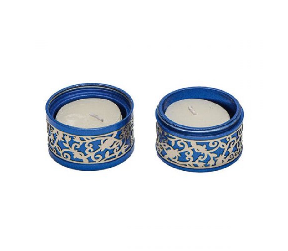 Compact Travelling Candlesticks with Cutout Pomegranates, Blue - Yair Emanuel