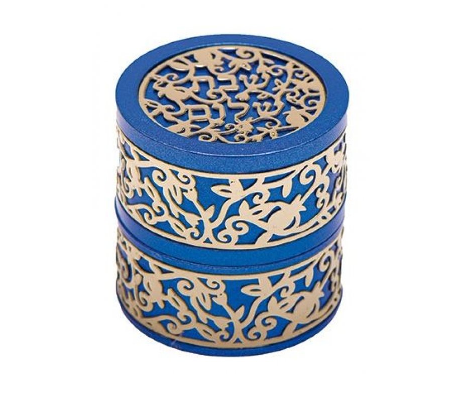 Compact Travelling Candlesticks with Cutout Pomegranates, Blue - Yair Emanuel