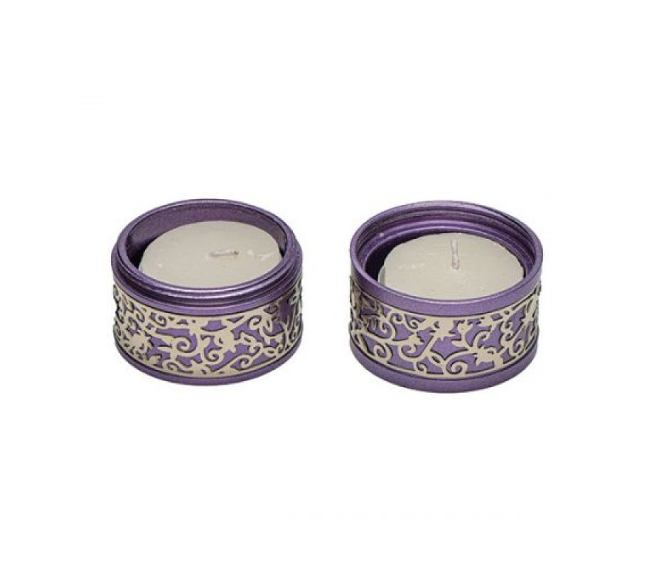 Compact Travelling Candlesticks with Cutout Pomegranates, Purple - Yair Emanuel