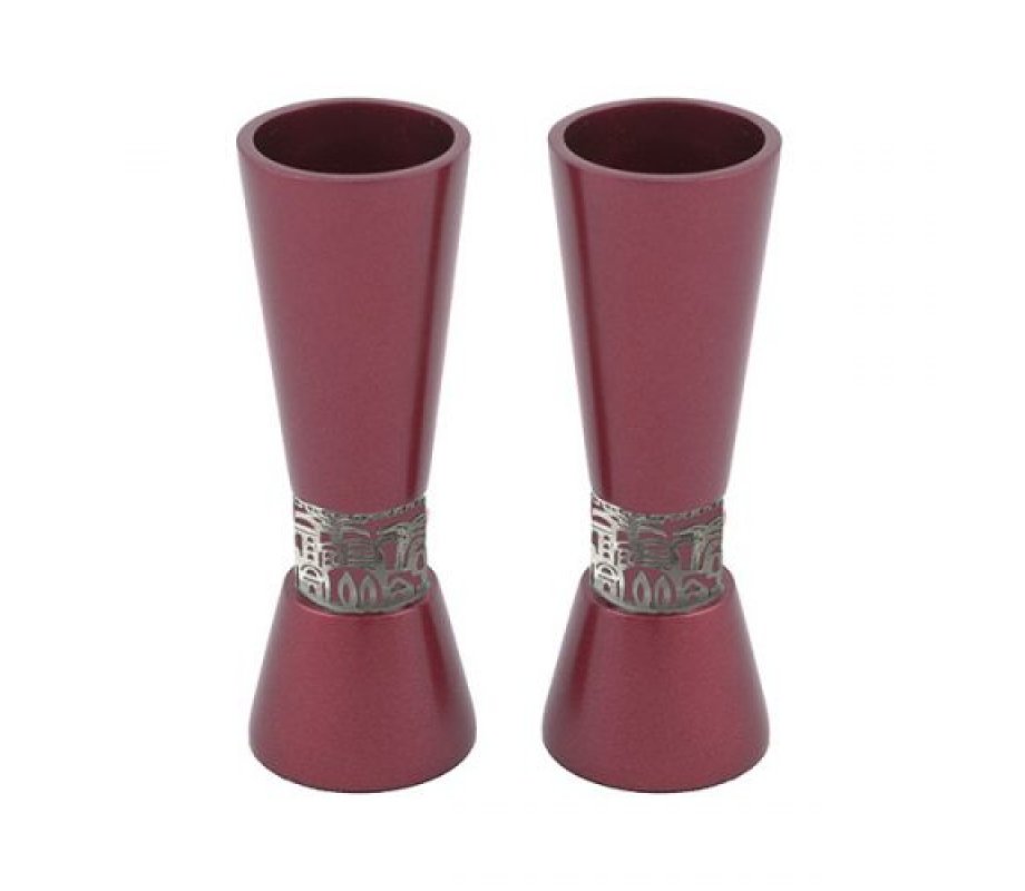 Cone Shaped Candlesticks with Silver Jerusalem Band, Maroon - Yair Emanuel