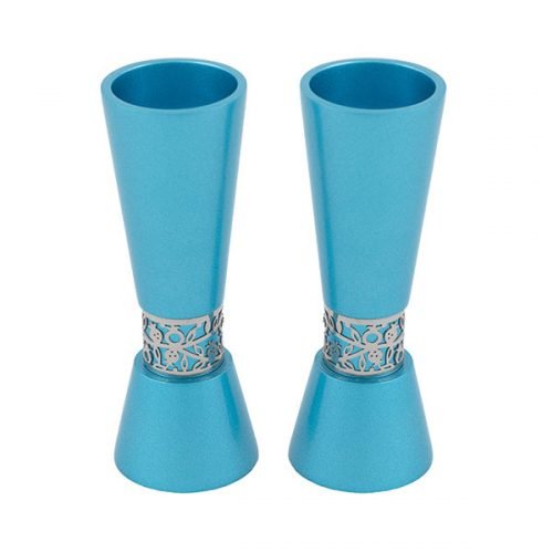 Cone Shaped Candlesticks with Silver Pomegranate Band, Teal - Yair Emanuel