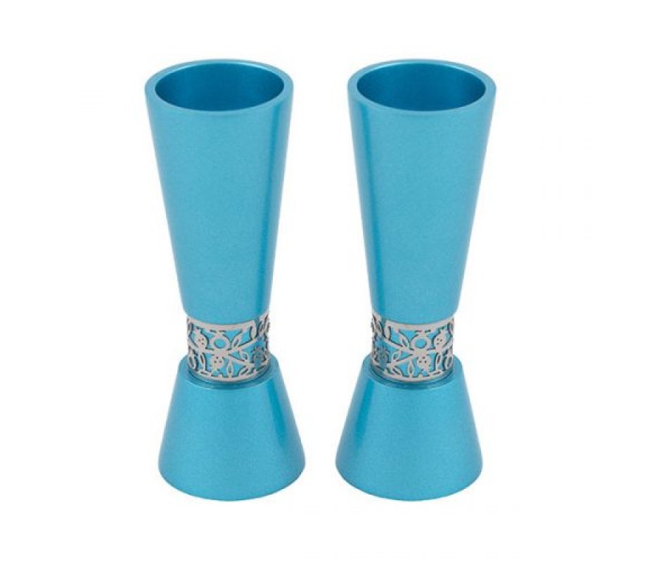 Cone Shaped Candlesticks with Silver Pomegranate Band, Teal - Yair Emanuel