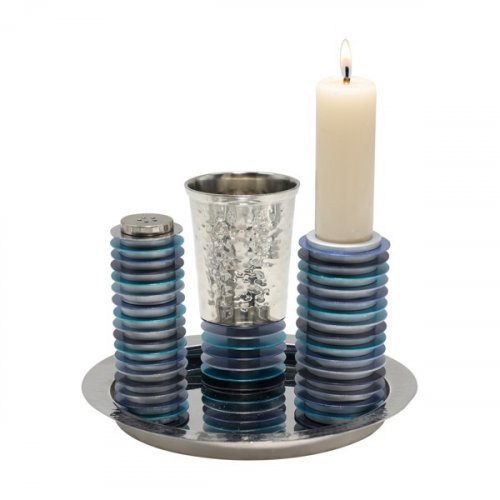 Contemporary 4-Piece Havdalah Set, Blue Stacked Discs - Yair Emanuel