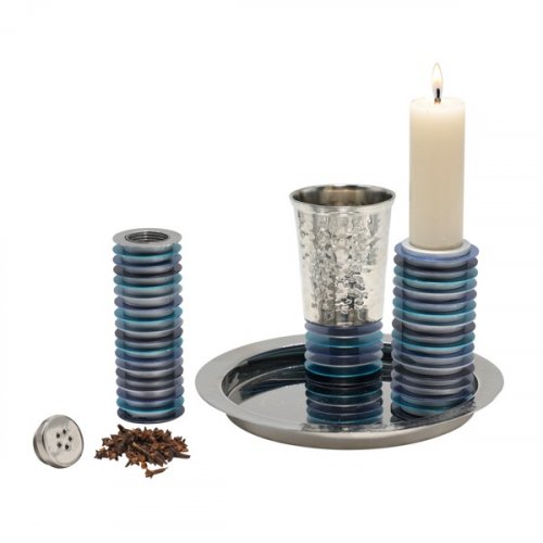 Contemporary 4-Piece Havdalah Set, Blue Stacked Discs - Yair Emanuel