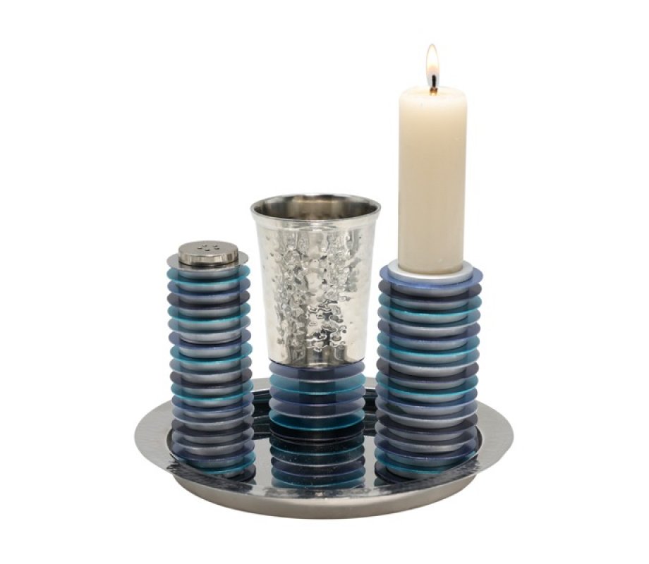 Contemporary 4-Piece Havdalah Set, Blue Stacked Discs - Yair Emanuel