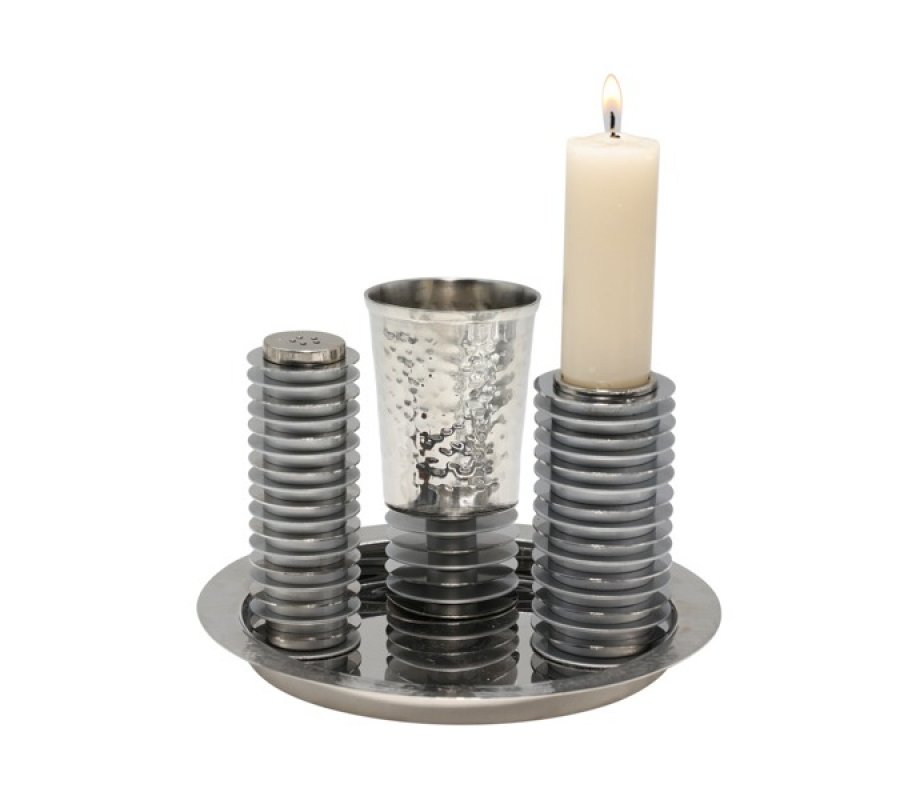 Contemporary 4-Piece Havdalah Set, Gray Stacked Discs - Yair Emanuel