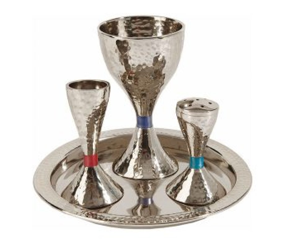 Contemporary Style Havdalah Set with Colored Bands, Hammered Nickel - Yair Emanuel