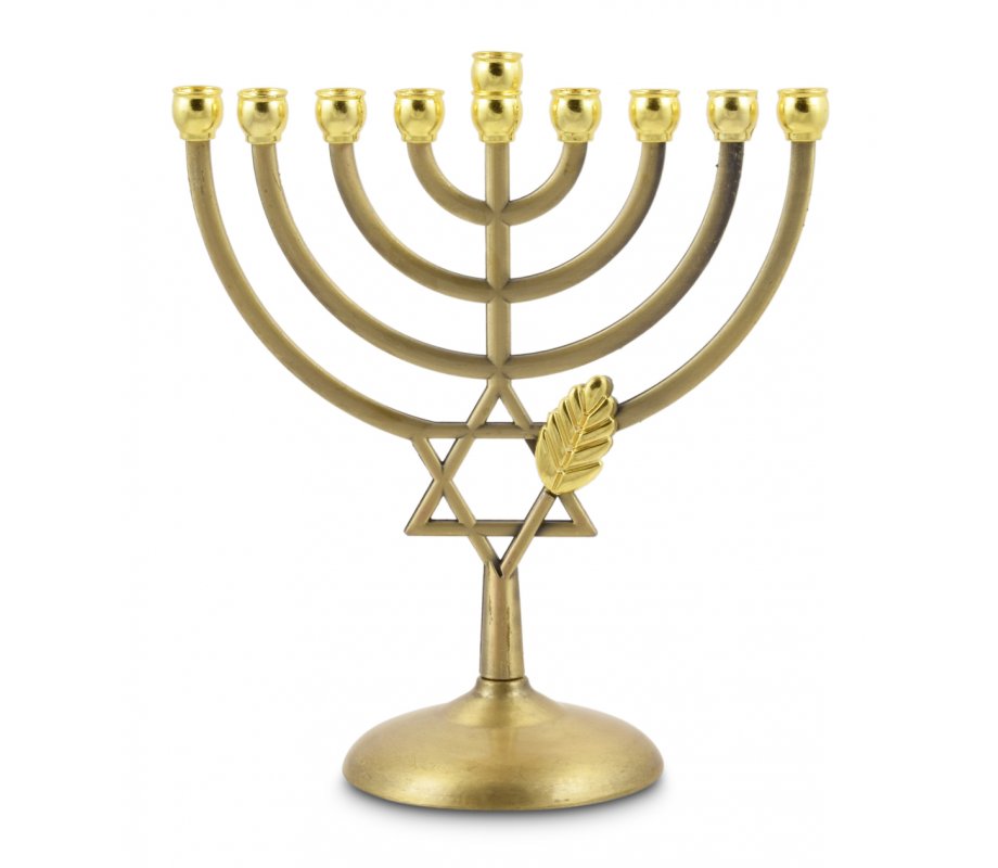 Copper Color Hanukkah Menorah, Leaf and Star of David - 7 Inches