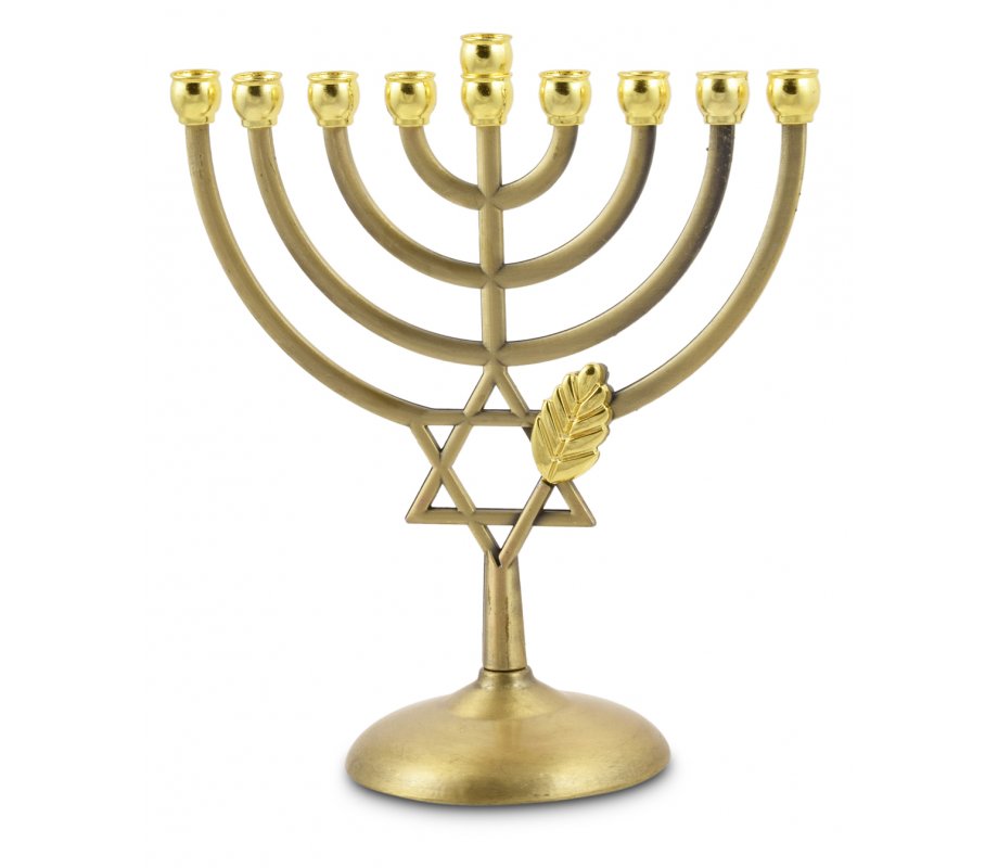 Copper Color Hanukkah Menorah, Leaf and Star of David - 7 Inches