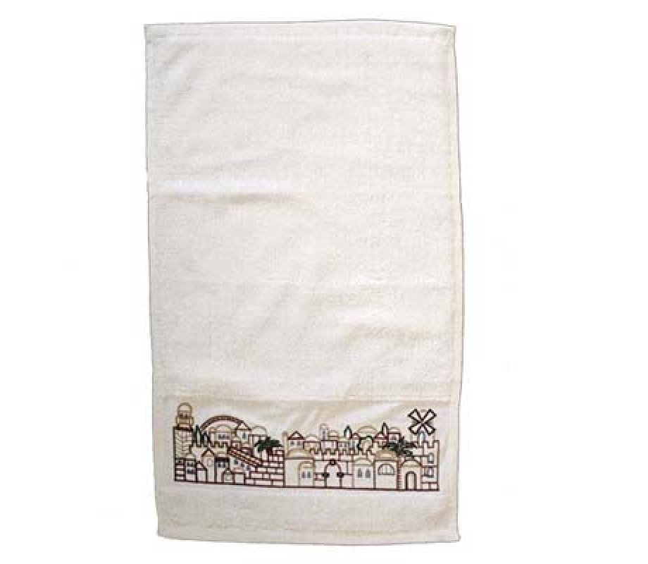 Cotton Netilat Yadayim Hand Towel, Embroidered Jerusalem Images - Yair Emanuel