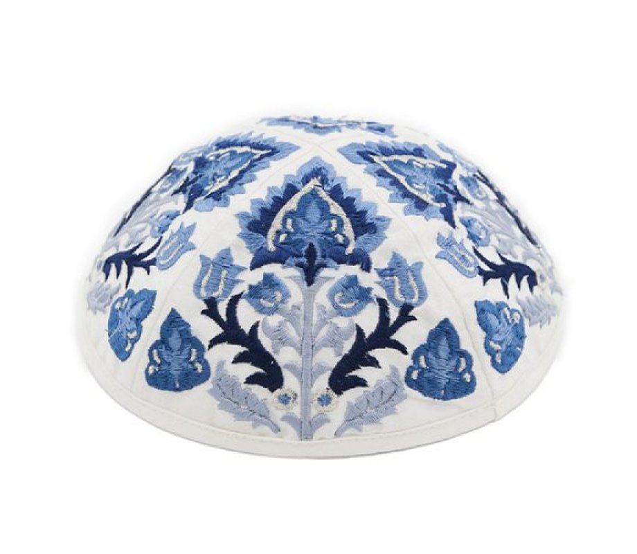 Cotton Poly Kippah with Silk Embroidered Oriental Nature Design, Blue - Yair Emanuel
