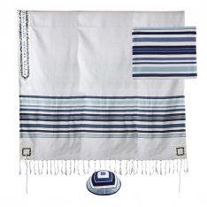 Cotton Tallit Set by Emanuel - Jerusalem Atarah in Blue Stripes