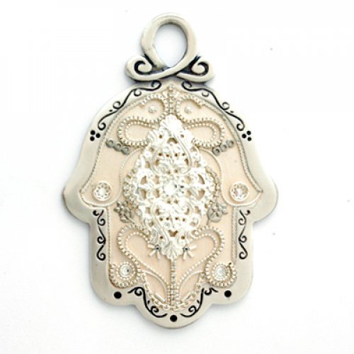 Cream and Silver Color Wall Hamsa in Oriental Style