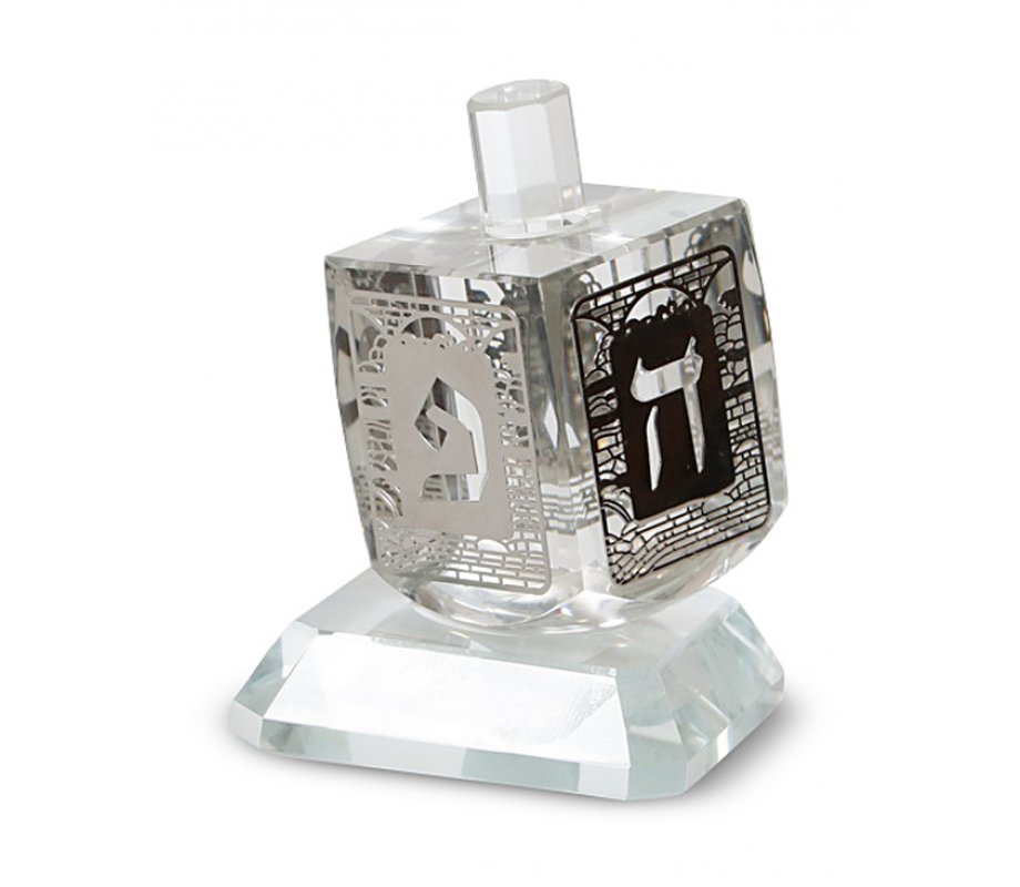 Crystal NO-FALL Decorative DREIDEL on Base, Hebrew Letters Cut out - Silver
