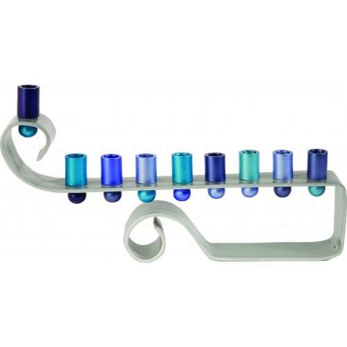 Curling Curves Anodized Aluminum Blue Hanukkah Menorah - Yair Emanuel