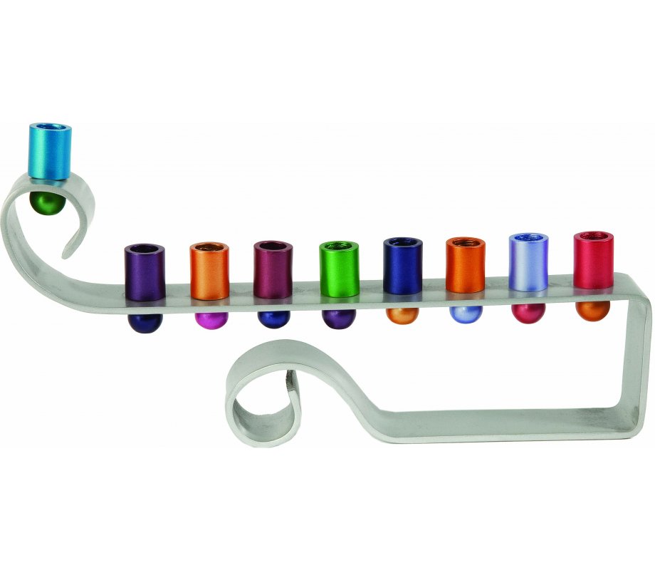 Curling Curves Anodized Aluminum Hanukkah Menorah, Multicolor - Yair Emanuel