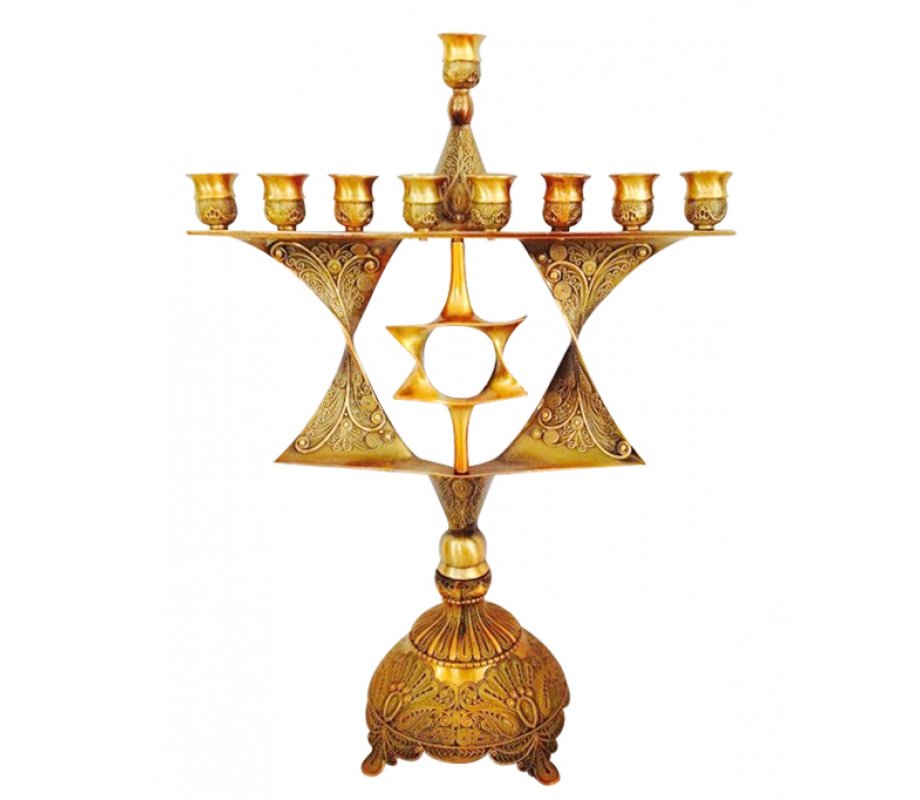Cutout Star of David on Bronze Antique looking Hanukkah Menorah
