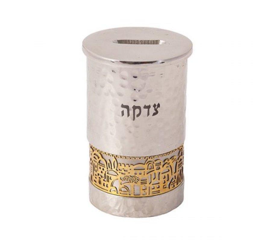 Cylinder Charity Tzedakah Box, Cutout Gold Jerusalem Images - Yair Emanuel