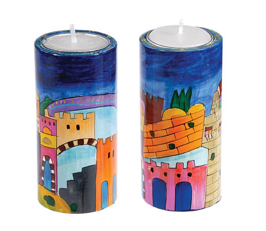 Cylinder Hand-Painted Wood Shabbat Candlesticks, Jerusalem Images - Yair Emanuel