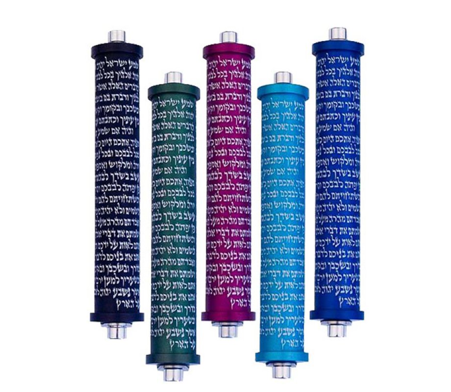 Cylinder Mezuzah Case with Shema Prayer in Dark Colors, 4 Inches Height - Agayof