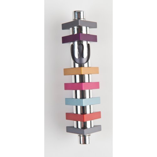 Cylinder Mezuzah Case with Triangles, Light Colors at 4 Inches Height - Agayof