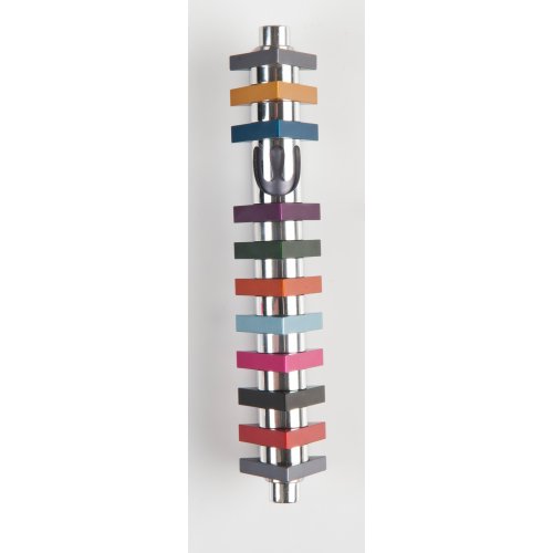 Cylinder Mezuzah Case with Triangles, Light Colors at 6 Inches Height - Agayof