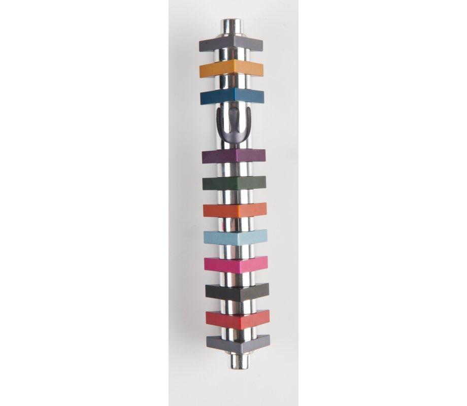 Cylinder Mezuzah Case with Triangles, Light Colors at 6 Inches Height - Agayof