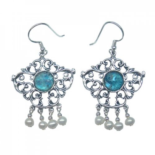 Dangle Sterling Silver Earrings with Roman Glass and Freshwater Pearls - Michal Kirat