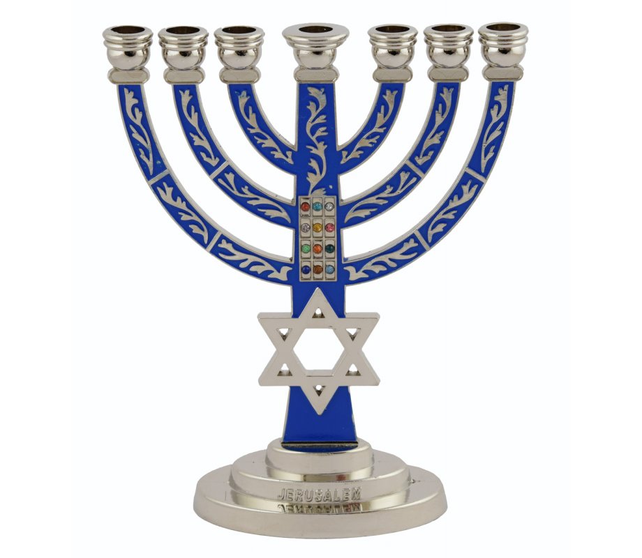 Dark Blue on Silver 7-Branch Menorah with Star of David and Breastplate – 5.2 Inches