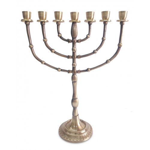 Dark Gold Seven Branch Menorah with Bead Decoration, Brass - 15