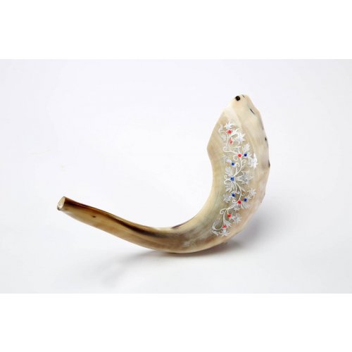 Decorated Hand Painted Ram's Horn Shofar - Decorative Leaf Design