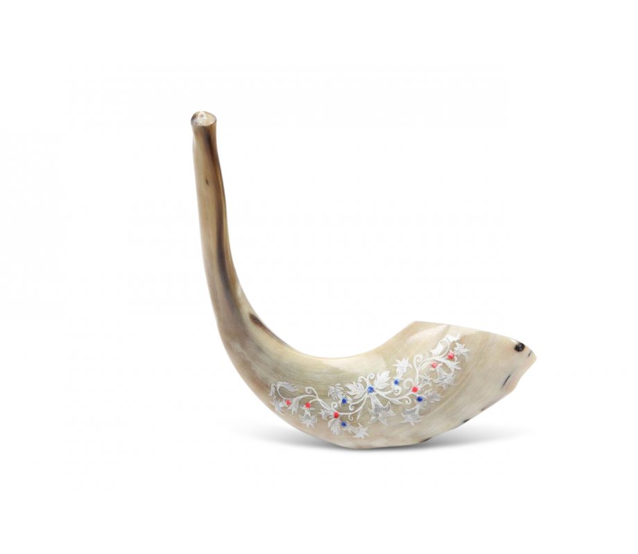 Decorated Hand Painted Ram's Horn Shofar - Decorative Leaf Design