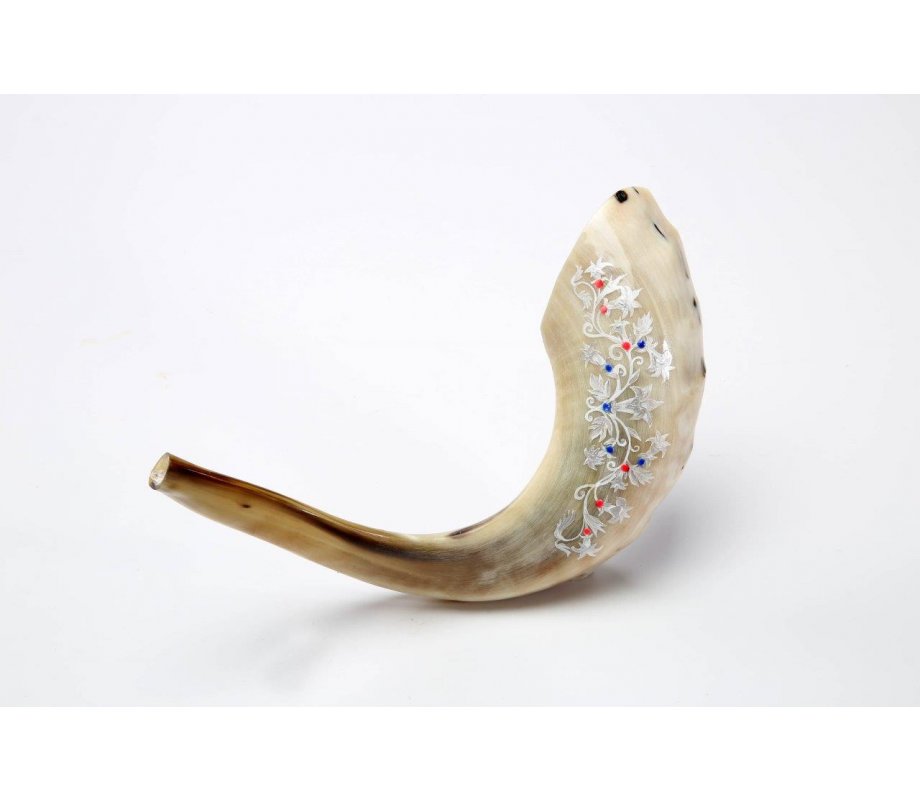 Decorated Hand Painted Ram's Horn Shofar - Decorative Leaf Design