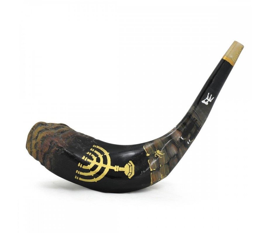 Decorated Hand Painted Ram's Horn Shofar - Western Wall Menorah Design Dark Tones