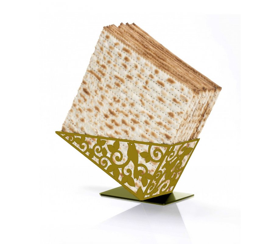 Decorative Gold Matzah Holder on Diagonal, Cut out Bird with Leaves - Iris Design