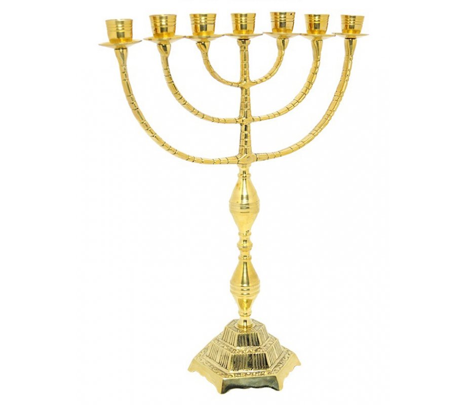 Decorative Seven Branch Menorah, Gleaming Gold Brass – 16
