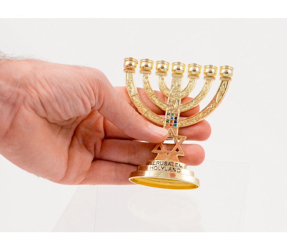 Decorative Small Seven Branch Menorah with Breastplate & Star of David, Gold - 4”