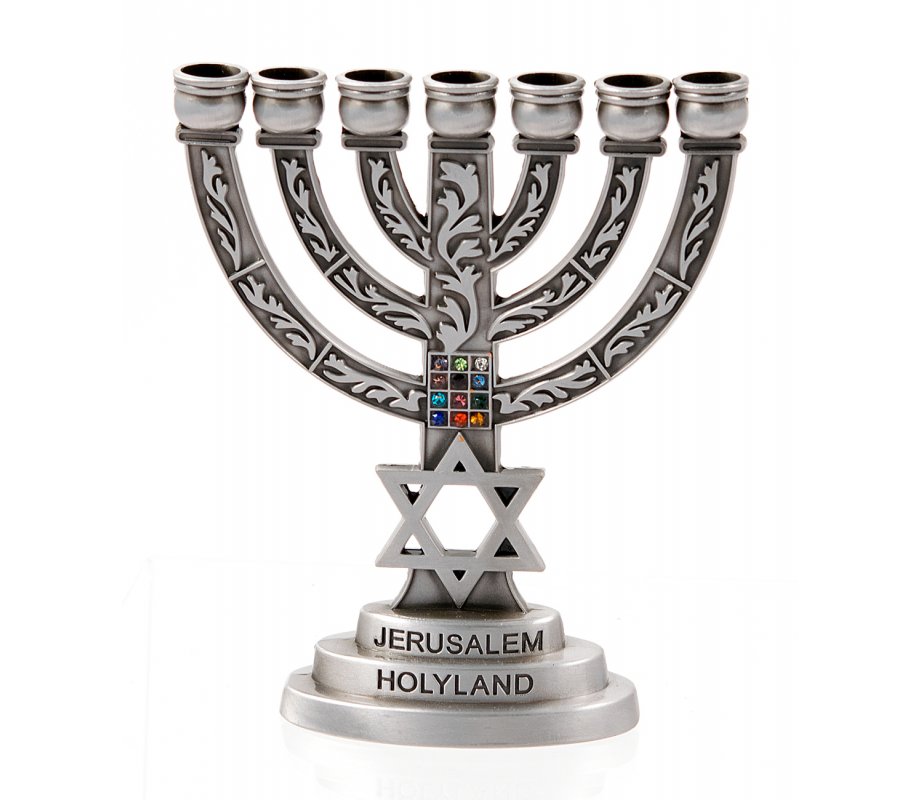 Decorative Small Seven Branch Menorah with Star of David & Breastplate, Pewter - 4”