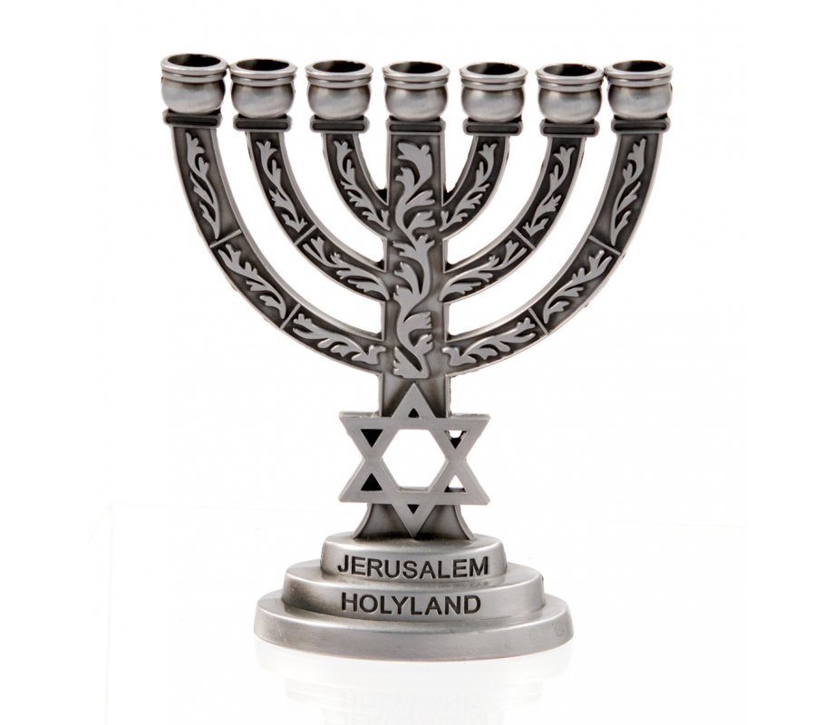 Decorative Small Seven Branch Menorah with Star of David & Breastplate, Pewter - 4”