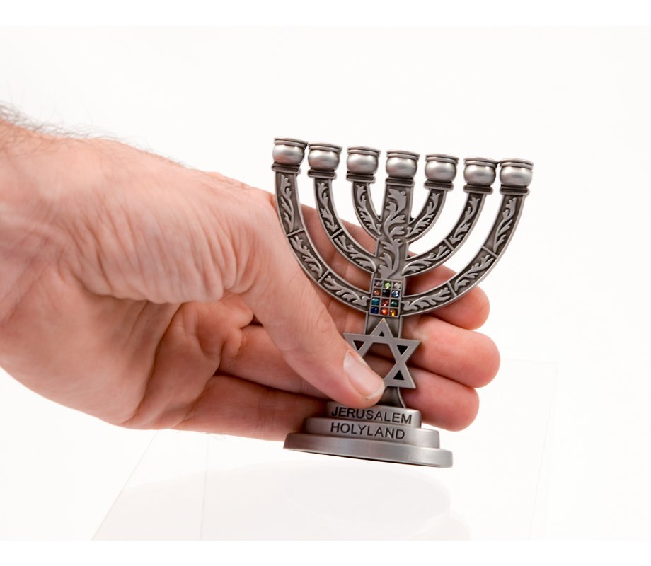 Decorative Small Seven Branch Menorah with Star of David & Breastplate, Pewter - 4”
