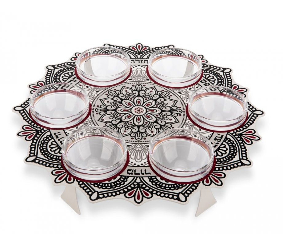 Dorit Judaica Seder Plate, Mandala Design in Maroon and Black Colors - Dorit Judaica