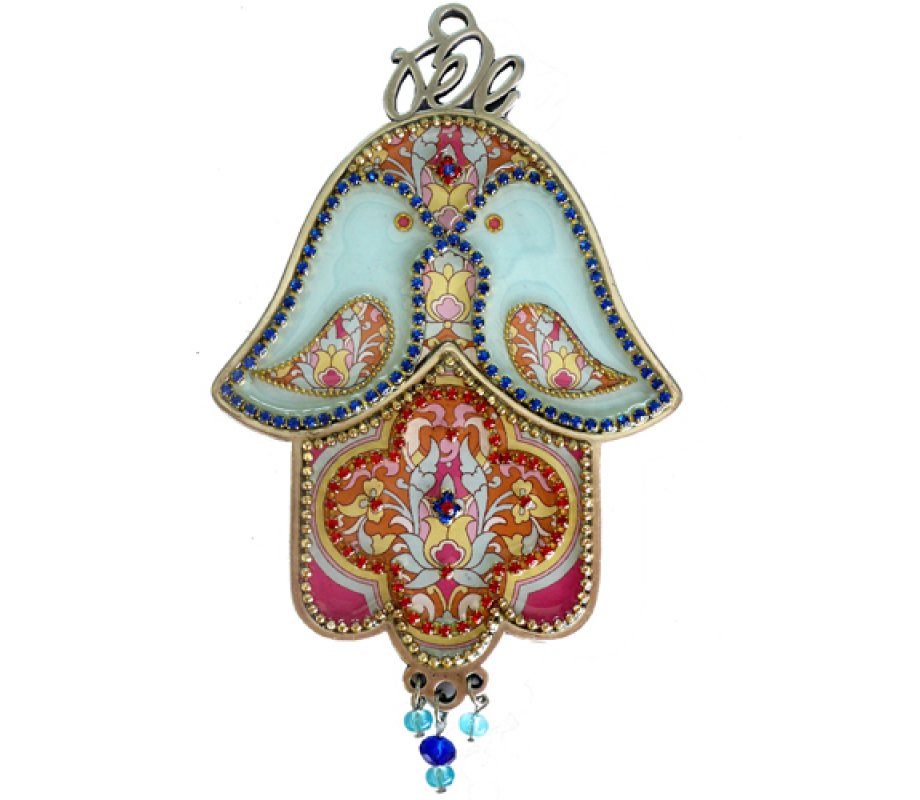 Dove of Peace Hamsa Wall Plaque, Turquoise and Pink Oriental Design - Iris Design