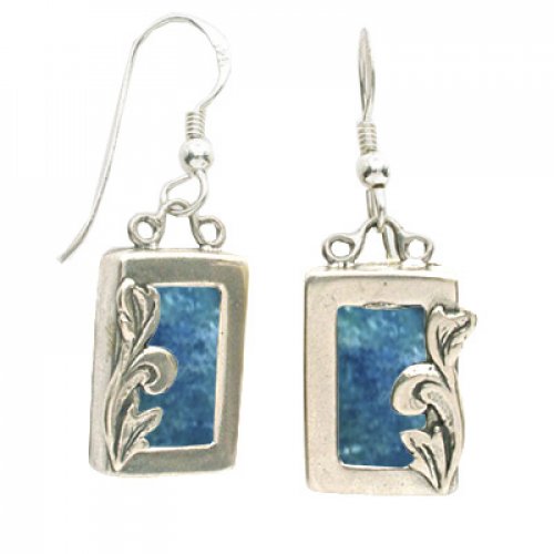 Drop Earrings in Sterling Silver and Roman Glass with Decorative Leaf - Michal Kirat