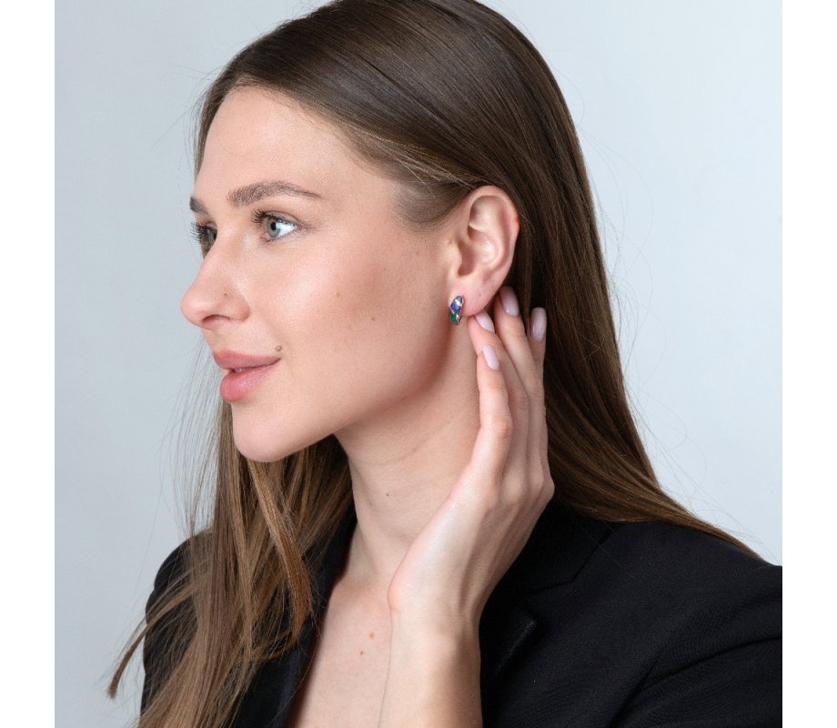 Earrings with Curved Eilat Stone Inlay and Silver Stripes – Sterling Silver