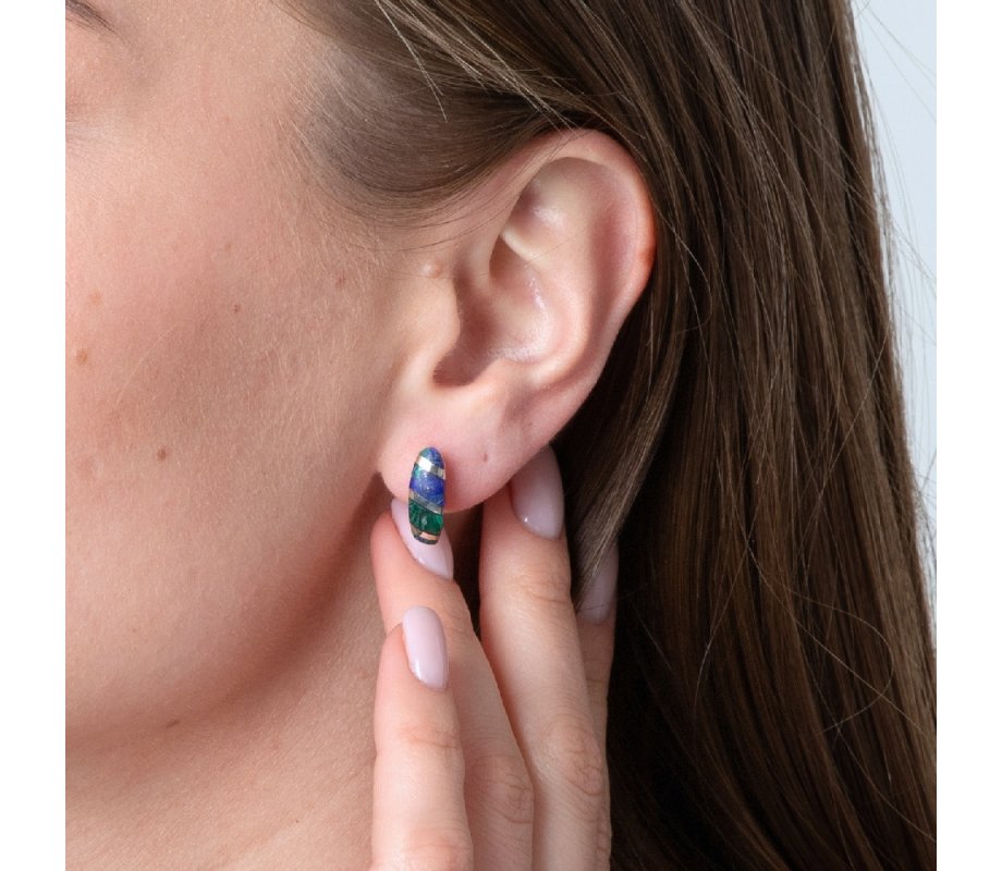 Earrings with Curved Eilat Stone Inlay and Silver Stripes – Sterling Silver